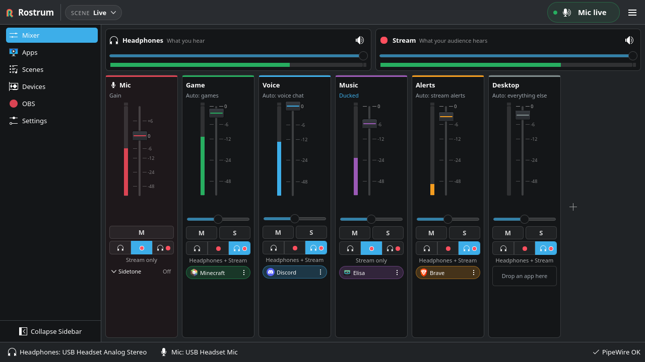 The Rostrum mixer: Headphones and Stream masters at the top, then Mic, Game, Voice, Music, Alerts and Desktop buses, each with a fader, mute, solo, a destination and the apps playing on it.